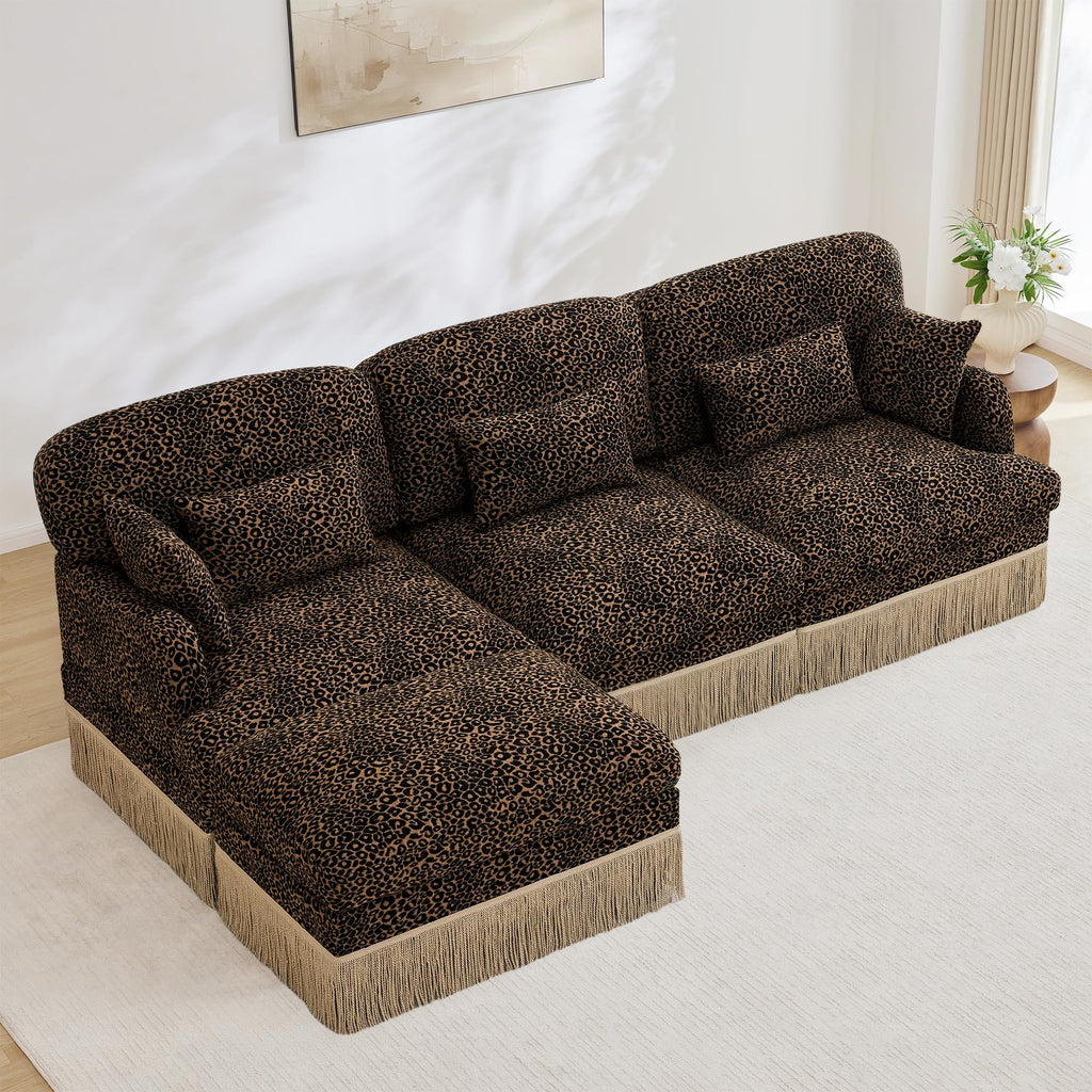 100" L Shaped Sectional Sofa with Ottoman, Chenille Leopard Print Couch