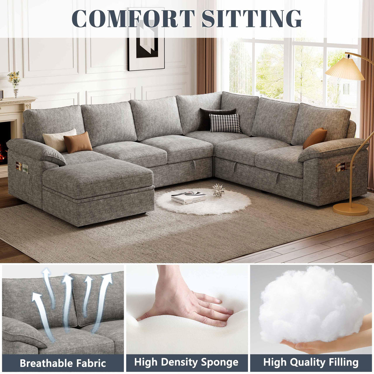 Weture 108" Modular U Shaped Sectional Sofa with Pull Out Sleeper Bed and Storage, 7 Seater Cloud Couch for Living Room, Light Grey