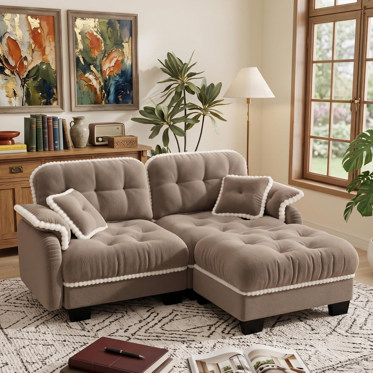 100.7" Chenille Cloud 3-Seater Sofa, Tufted Deep Seat Couch with Pom-Pom Trim & 4 Pillows, Ergonomic Easy Assembly Modular Sofa for Living Room & Apartment（Green ）