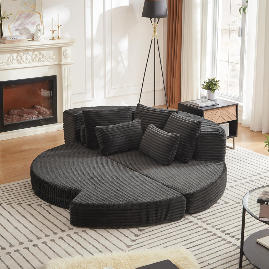 78.5 Inch Corduroy Circular 2 in 1 Sofa Bed, Designer Recliner with Neck Pillow and Five Throw Pillows in Living Room IW271