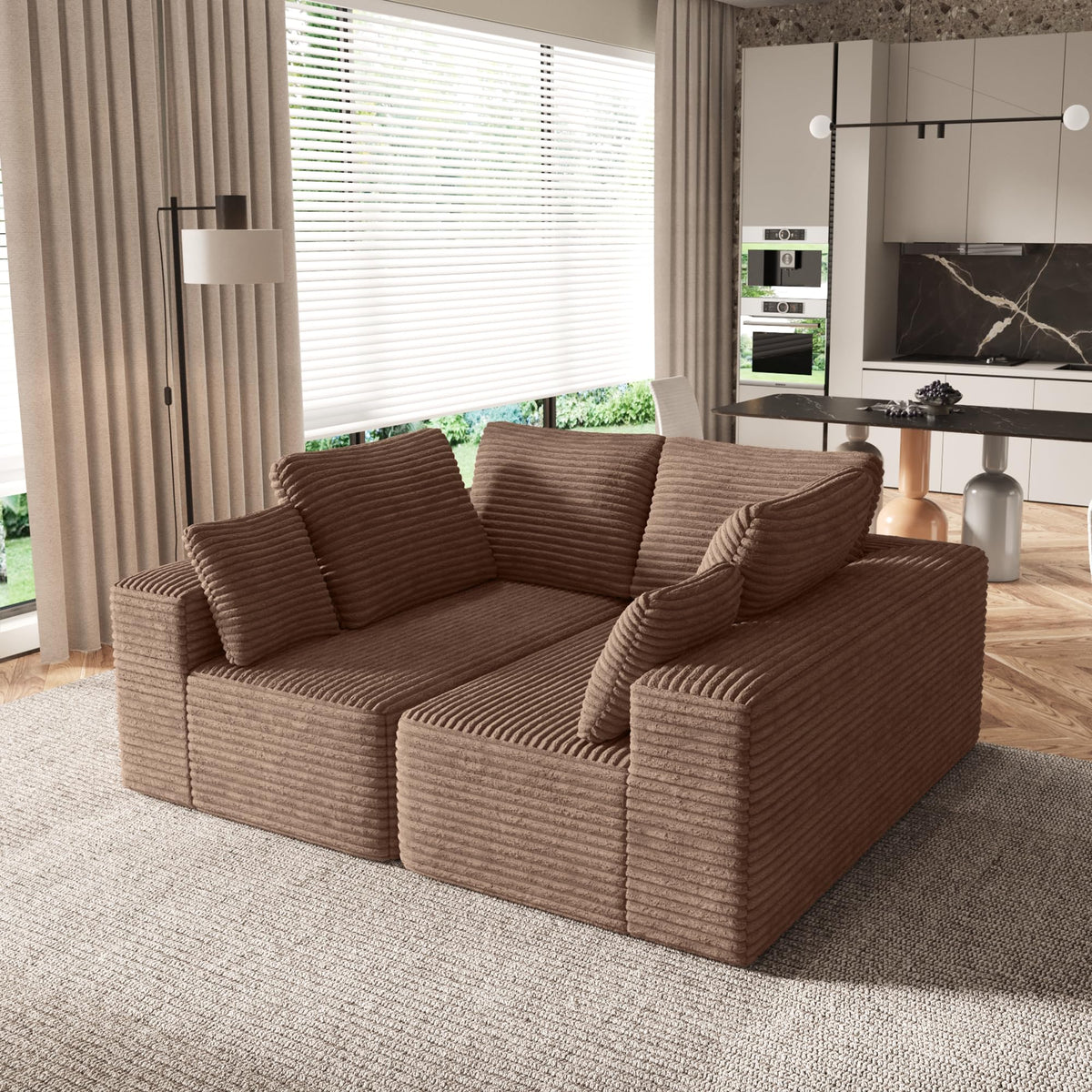 134 Inch Oversized Boneless Sofa Bed, Fluffy Corduroy Sleeper Sofa for Apartment Bedroom Living Room, Comfy Modular Cloud Sectional Couch, Boneless Couch, No Assembly, Brown
