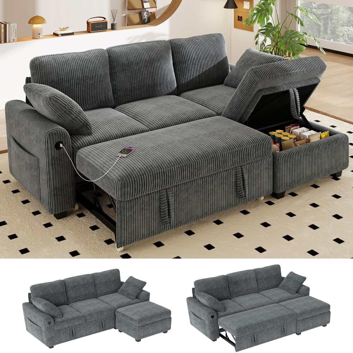 WorthFurni 104" Oversized 6 Seat L Shaped Sectional Sofa, Corduroy Convertible Couch with Pull Out Bed, Movable Storage Ottoman, USB Port, 2 Pillows & Storage Pocket for Living Room（Gray）