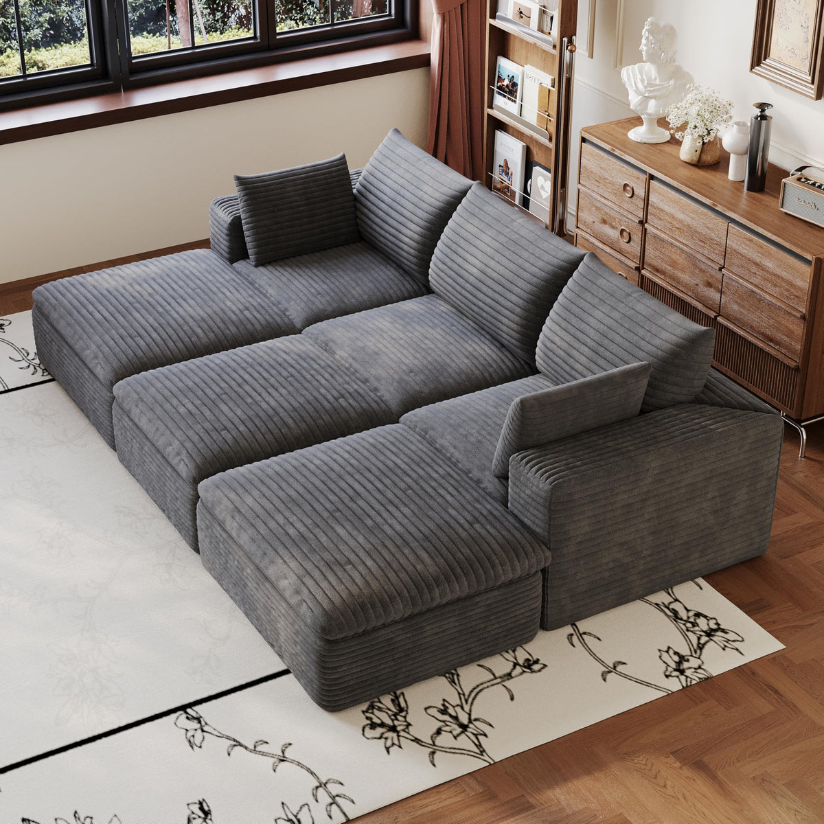 102" Oversized Boneless Modular Sectional Sofa Cloud Couch with 3 Ottomans Convertible Sleeper Sofa Bed for Living Room - No Assembly Floor Compression Sofa with Memory Foam and Deep Seat