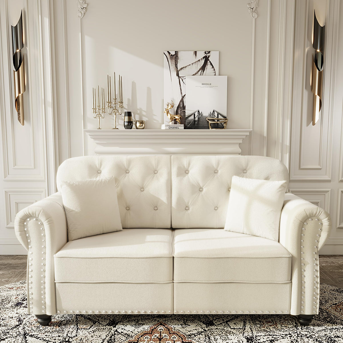 Velvet Chesterfield Sofa with Rolled Arms & Nailhead Trim, Modular Sectional Sofa Couches, Modern Cloud Sofa with Button Tufted, for Living Room, Bedroom, Small Space