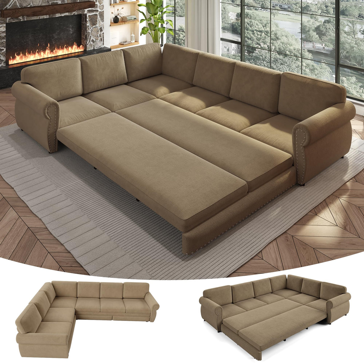 118" Oversized Sleeper Sofa with Pull Out Bed, Chenille L Shaped Convertible Sectional Sleeper Couch with Nailhead Trim & Rolled Arm, 6-Seater Couches for Living Room, Blue