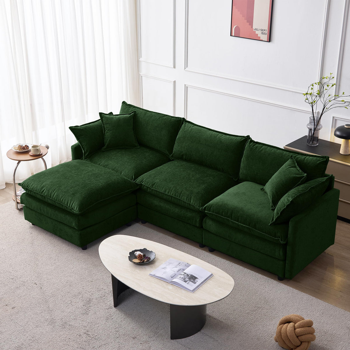 105 Inch Modular L Shaped Sofa with Ottoman, 3 Seater Chenille Fabric Sectional Couch, Independent Pocket Spring & High Density Foam Cushion, Solid Wood Frame Tool (Three White Seats)