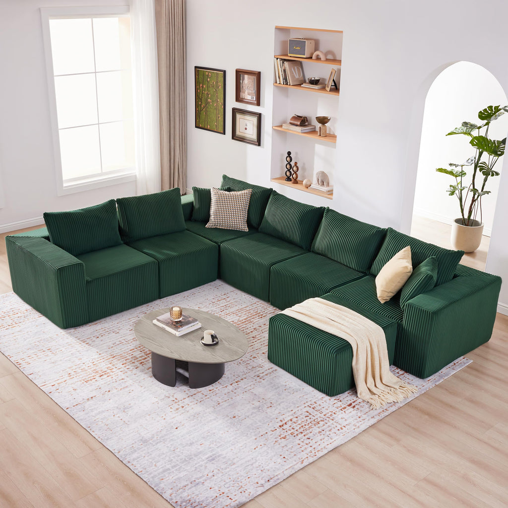 U-Shaped Boneless Couch, Cloud Couch Sectional, Modular Sofa with Deep Seat, Convertible Sectional Couches for Living Room, Plush Corduroy U Shaped Boneless Couch (Green, 6 Seater & 1 Ottoman)
