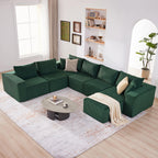 U-Shaped Boneless Couch, Cloud Couch Sectional, Modular Sofa with Deep Seat, Convertible Sectional Couches for Living Room, Plush Corduroy U Shaped Boneless Couch (Green, 6 Seater & 1 Ottoman)