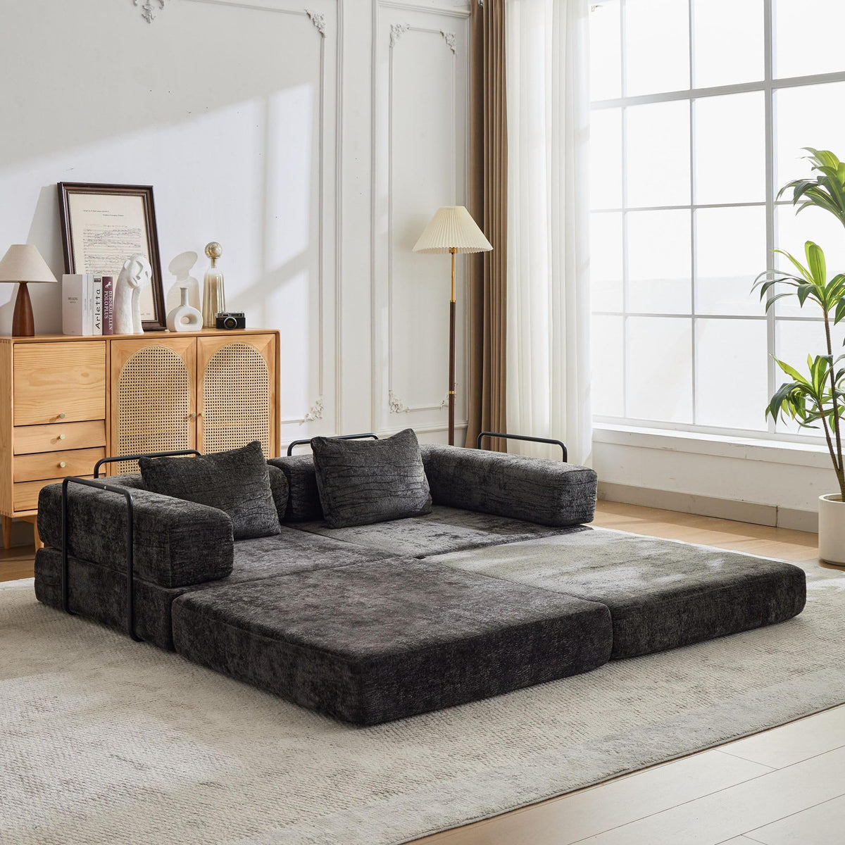 Tidyard Compression Sofa Bed, Convertible Floor Sofa with Fixed Frame, No Assembly Needed, Chenille Fabric Modular Loveseat, Easy Fold-Out Design for Living Room Bedroom, Black