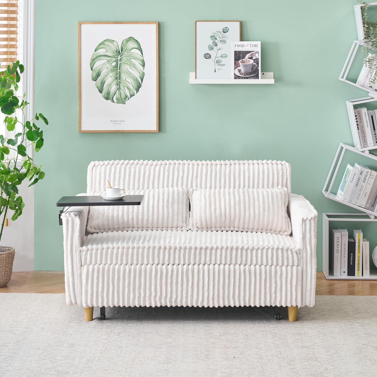 Tidyard Beige Corduroy Pull-Out Sofa with USB Ports & Movable Tabletops for Living Room or Bedroom – Converts to Bed, Includes Rollers and Throw Pillows
