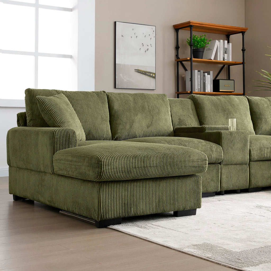 126" Oversized U Shaped Couch,Cloud Couch with Console,USB,Cup Holders & Storage,Corduroy Couch,which can be Used as a Recliner Couch for Living Room or Apartment.(Green)