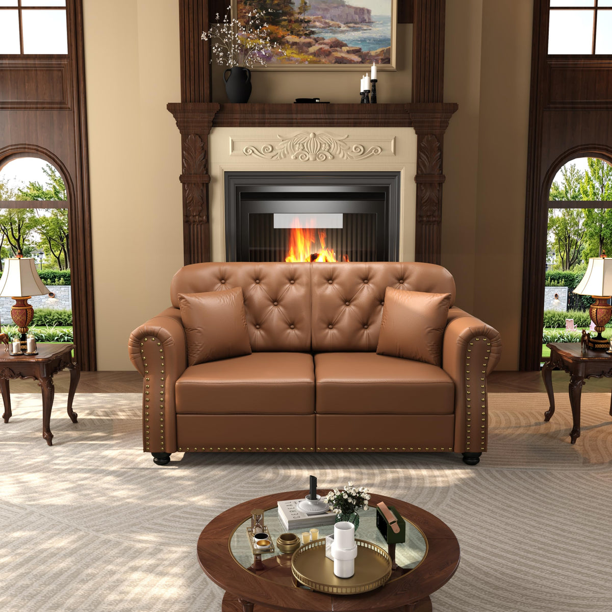 Velvet Chesterfield Sofa with Rolled Arms & Nailhead Trim, Modular Sectional Sofa Couches, Modern Cloud Sofa with Button Tufted, for Living Room, Bedroom, Small Space