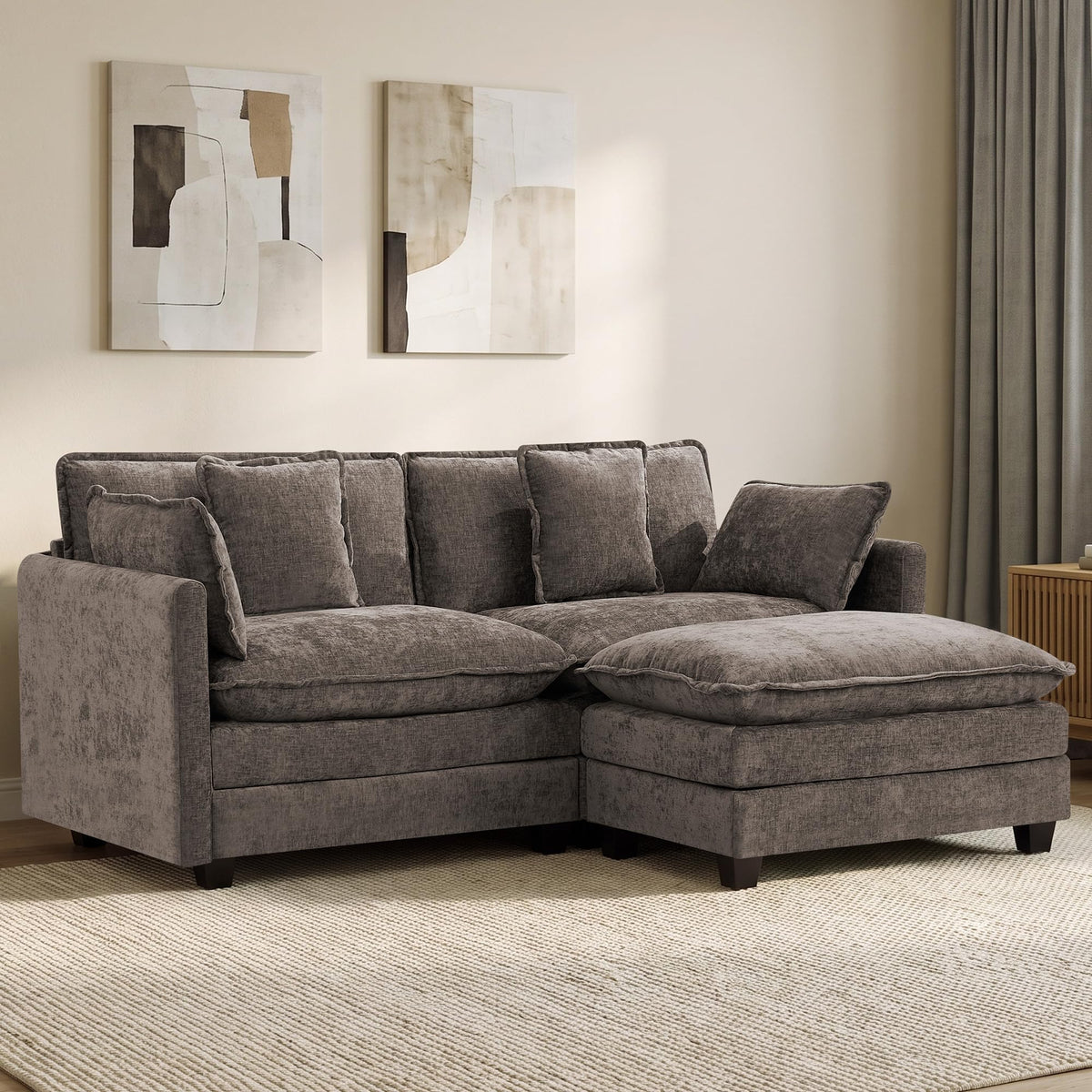 113" V-Shaped Cloud Couch, Modular Sectional for Living Room, Light Grey