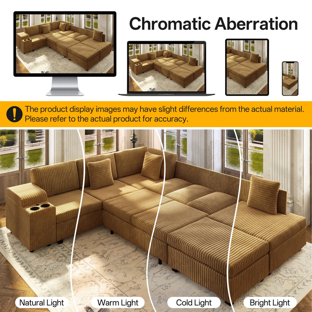 110" L-Shaped Modular Sectional Sofa with Pull Out Bed, Comfy Corduroy Cloud Couch with Removable Ottoman, USB, Storage & Cup Holders, Modern Sectional Sleeper Sofas for Living Room (Camel)