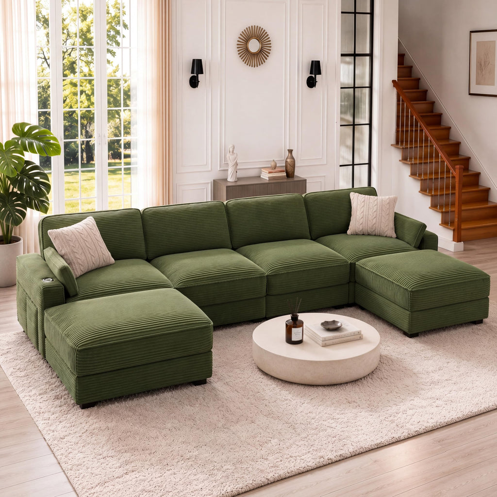 Vipbear 120" Modular Sectional L Shaped Sofa Couches for Living Room,3 Seat with 1 Movable Ottoman,Comfy Corduroy Sofa with USB Port,Side Pocket,Pillow,Green
