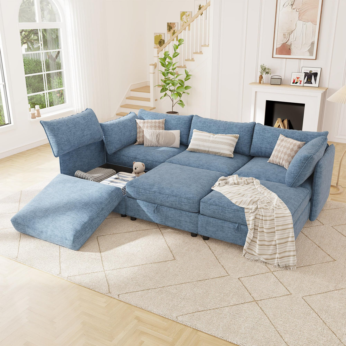 125" Chenille Modular Sectional Sofa Bed Hidden Storage, Convertible L U Shaped Sleeper Couch, 8 Seat Modern Modular Sectional Sofa with Removable Covers & Ottoman Chaise, for Living Room, Beige