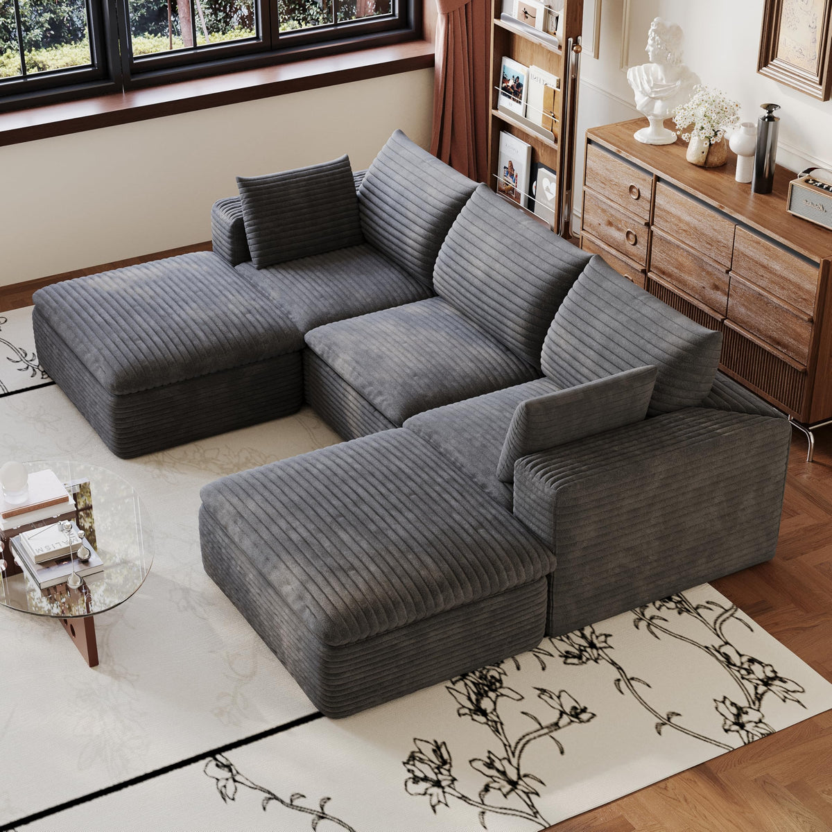 102" Oversized Boneless Modular Sectional Sofa Cloud Couch with 3 Ottomans Convertible Sleeper Sofa Bed for Living Room - No Assembly Floor Compression Sofa with Memory Foam and Deep Seat
