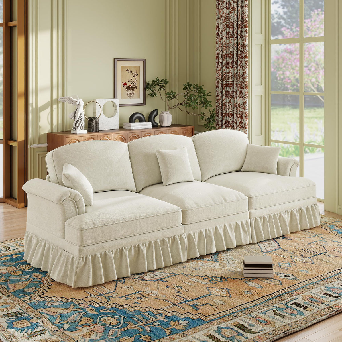 107'' Modern Sectional Sofa, Upholstered U-Shaped Couch with Removable Ruffles Pleats Skirts, Silver Chenille Cloud Couch, Ottoman, Flared Arms, 4-Seat Couches for Living Room, Bedroom, Camel