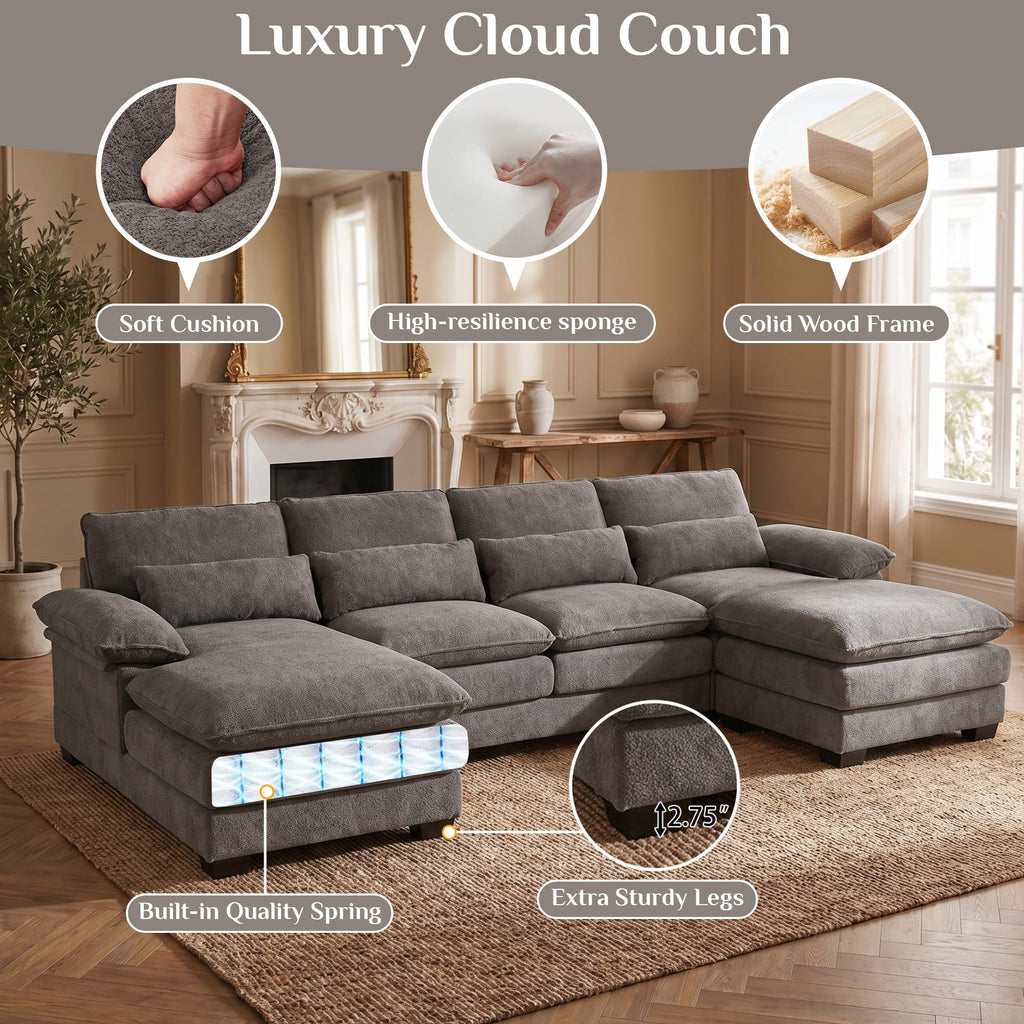 113" Cloud Couch Sectional Modular Sofa U Shaped Sectional Couches for Living Room Comfy Chenille 5 Seat Cloud Sofa Set with 4 Pillows, Chaise Lounge, Movable Ottoman, Stone Grey