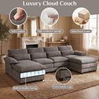 113" Cloud Couch Sectional Modular Sofa U Shaped Sectional Couches for Living Room Comfy Chenille 5 Seat Cloud Sofa Set with 4 Pillows, Chaise Lounge, Movable Ottoman, Stone Grey