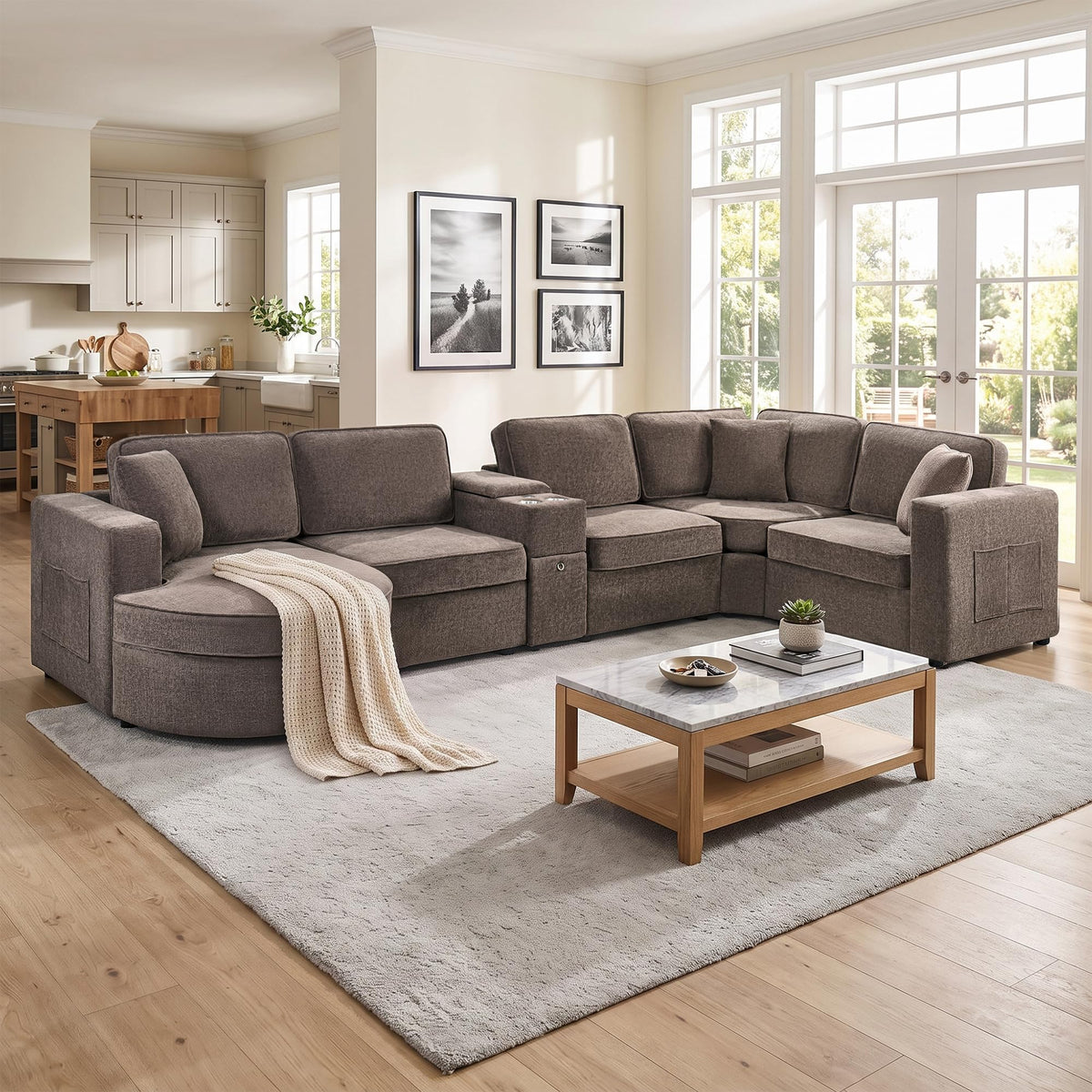 119*67" U Shaped Sectional Sofa,6 Seat Chenille Corner Couch Set with Oversized Chaise Lounge,Irregular Corner, Deep and Wide Seat Comfy Sofa with Cup Holders for Living Room,Apartment (Beige-V33)