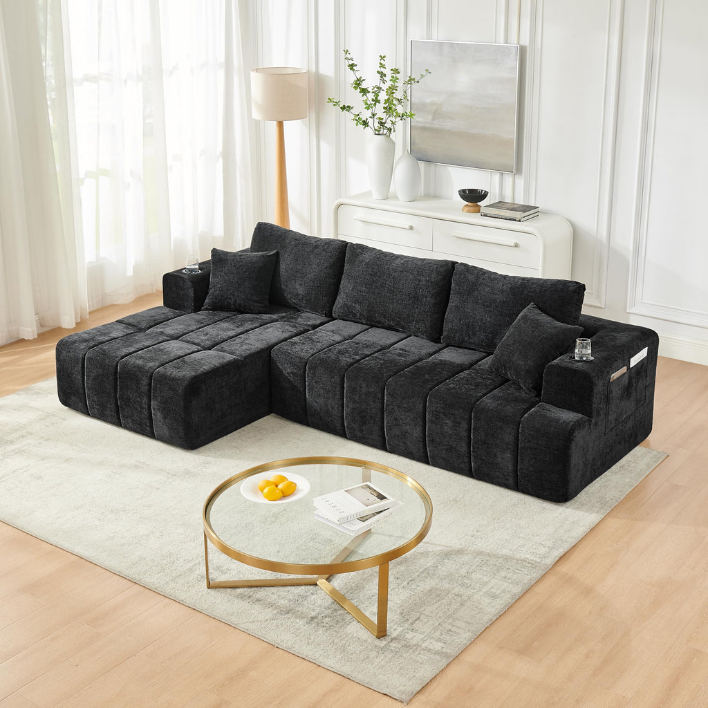 108" Oversized Cloud Boneless Sofa Couch with Chaise, Modern Tufted Chenille L Shaped Modular Sectional Sofa with Deep Seat, Comfy Corner Couch with Cupholders and Storage, No Assembly Required