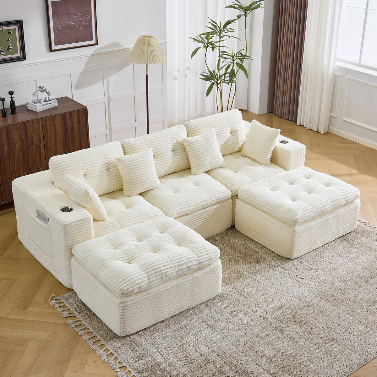108.08" Boneless Sectional Couch, Modern U Shaped Modular Sectional Sofa Corduroy Upholstered for Living Room Oversized Deep Seat Cloud Couch with 2 Ottoman, No Assembly, Black