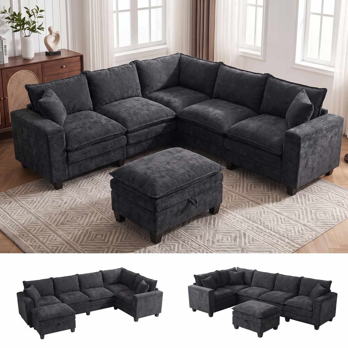 V Shaped Modular Sectional Couch with Storage Ottoman, Beige