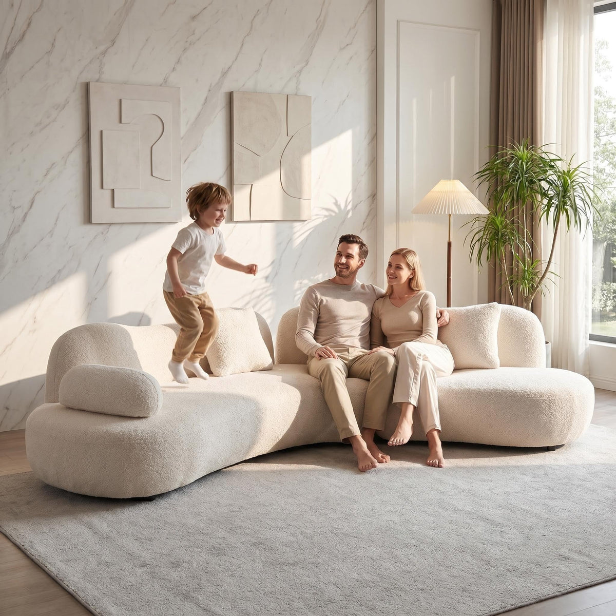 127" White Curved Boucle Modular Sofa, 5 Seater Cloud Couch for Living Room