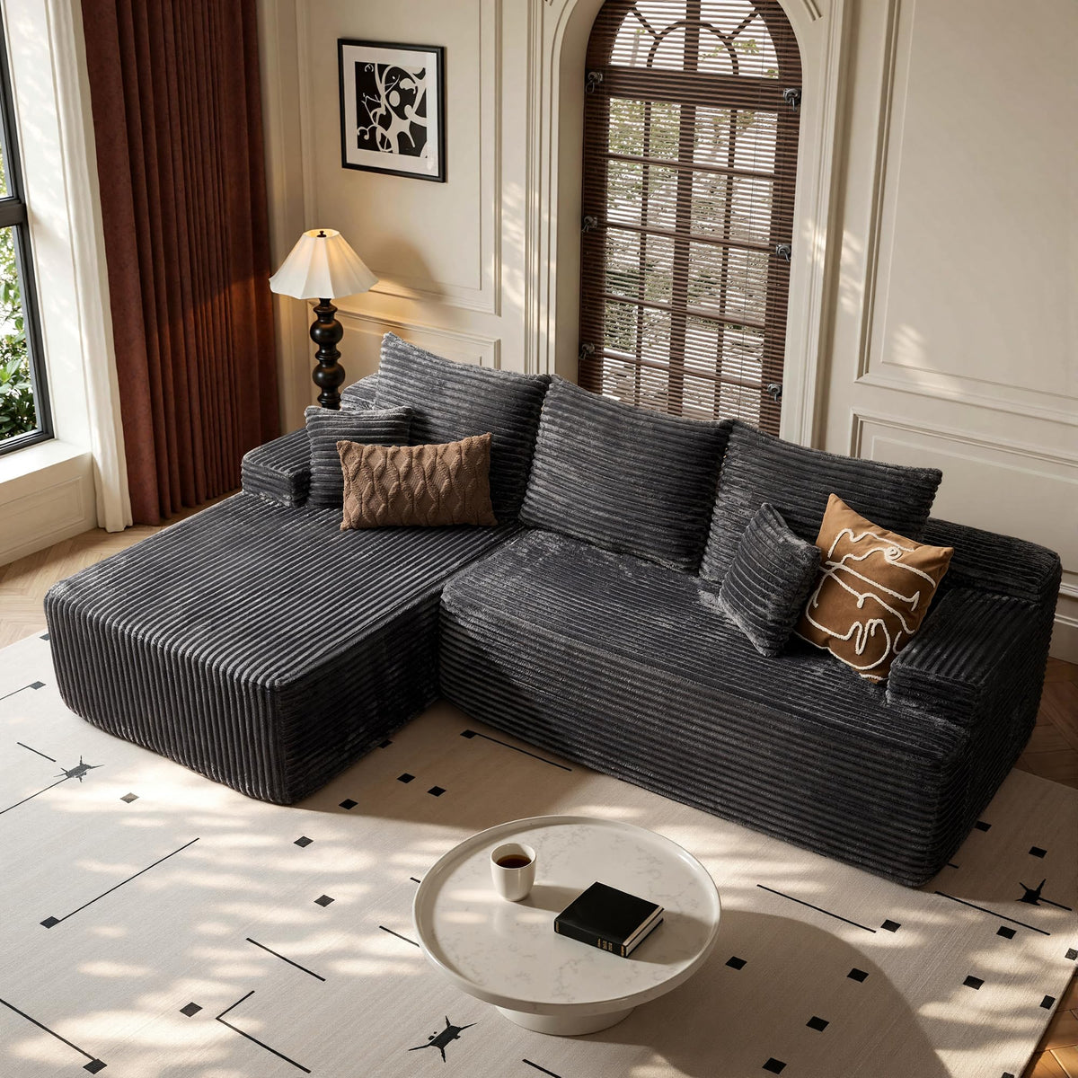 104" L-Shape Modular Sectional Sofa Couch,Comfy Upholstered Cloud Couch for Living Room,Modern Minimalist Couches,Deep Seat,No Assembly Required (Black,Plush Corduroy, Right Facing Chaise w/Ottoman)