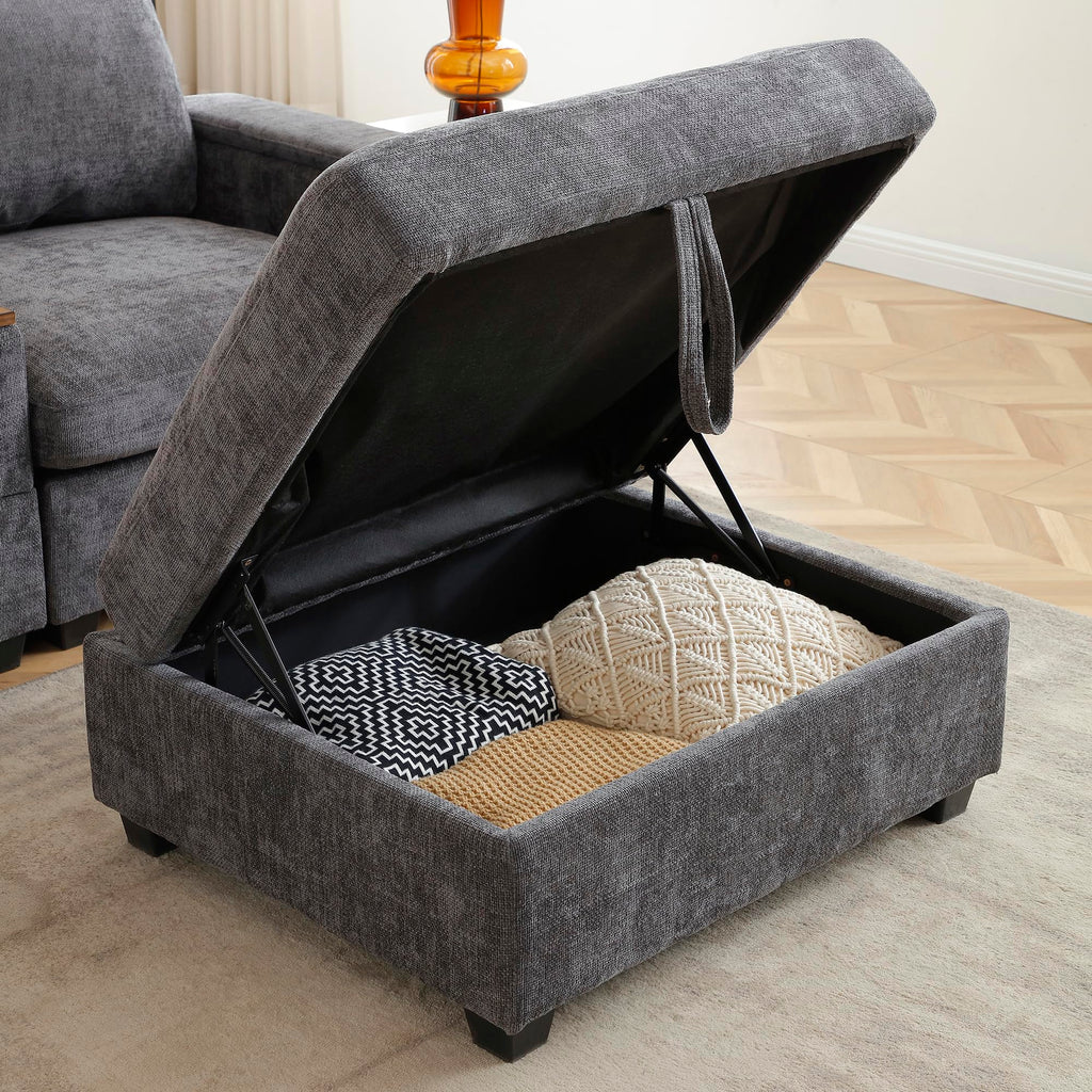 120.3" Modular Sectional Sofa, Oversized Comfy Cloud Couch, 4 Seater L Shaped Couch with Storage Armrest, Ottoman, USB Ports, Cup Holder, Table, Modern Linen Couches for Living Room, Gray