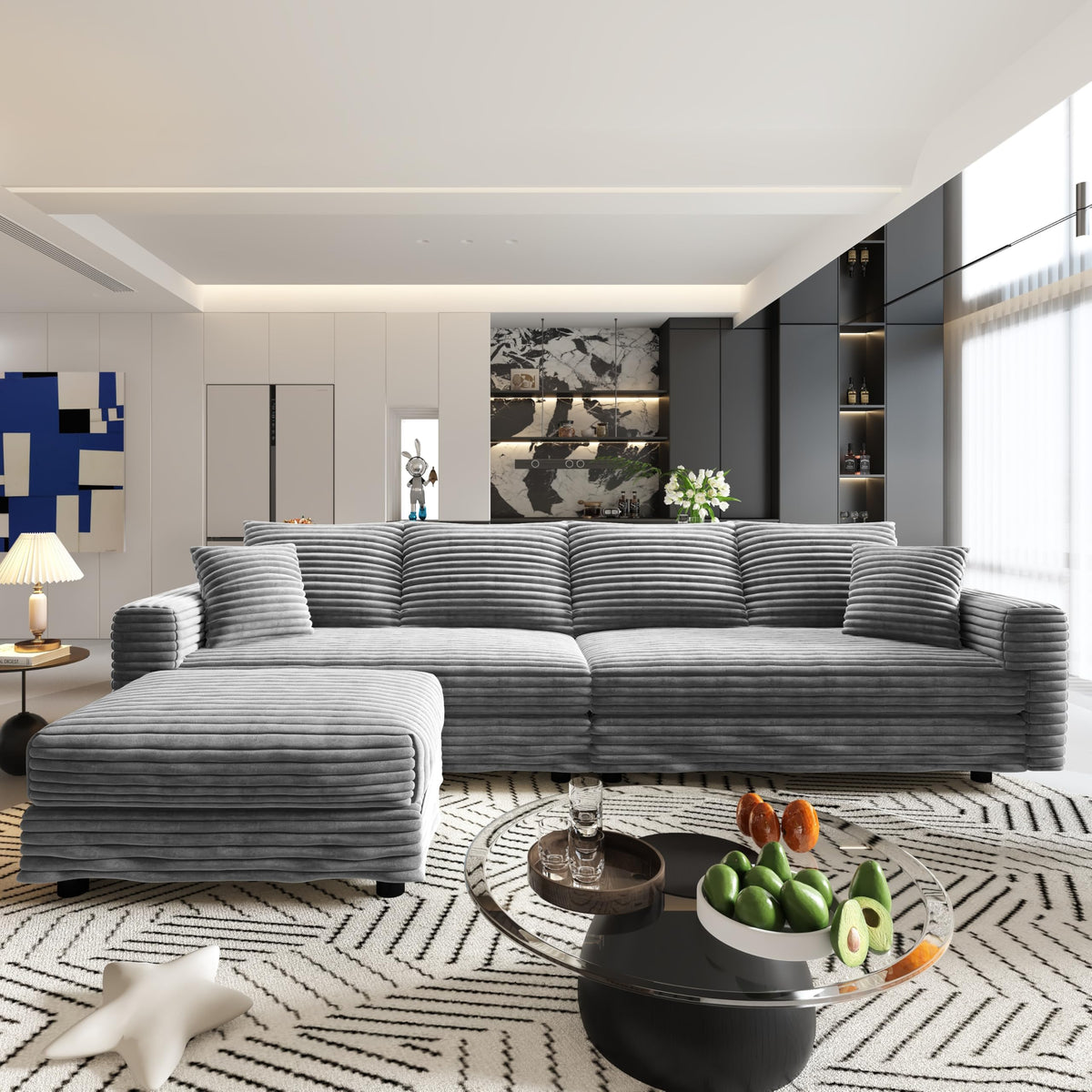 102.4" 4-Seat Corduroy Sofa with 3 Ottomans, Gray