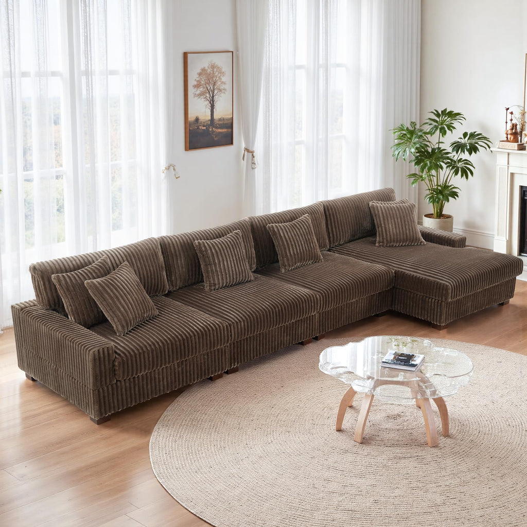 118.3" L-Shaped Modular Sectional Sofa with Chaise, Comfy Corduroy Fluffy Couch with Deep Seat, Flexible Module Combination for Living Room, Cotton Flannel Light Brown