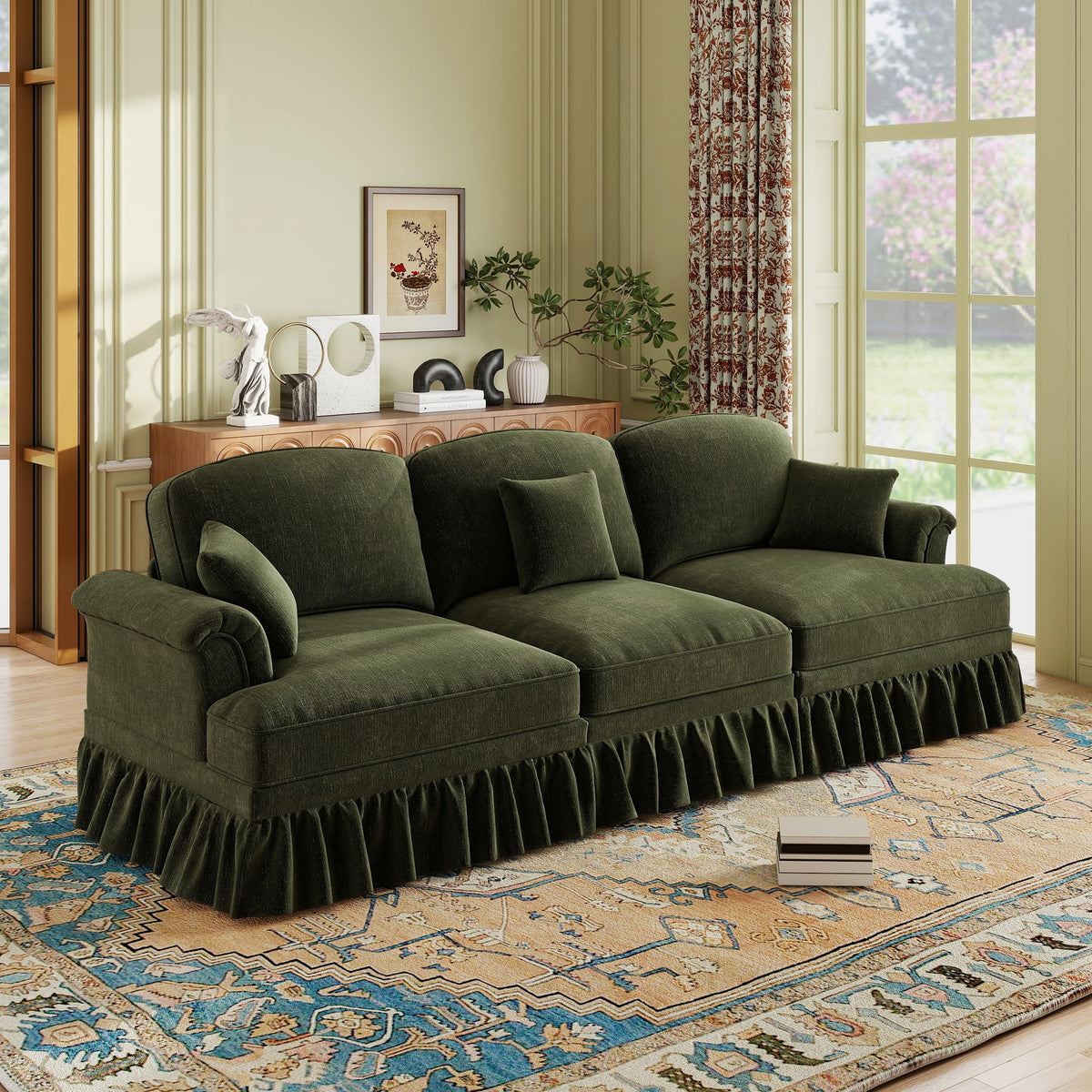 107'' Modern Sectional Sofa, Upholstered U-Shaped Couch with Removable Ruffles Pleats Skirts, Silver Chenille Cloud Couch, Ottoman, Flared Arms, 4-Seat Couches for Living Room, Bedroom, Camel
