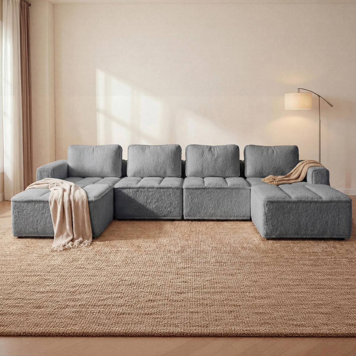Vipbear 145" U Shaped Modular Sectional Sofa with Ottoman, Boneless Comfy Couch with Layered Cushion, Upholstered Couch in a Box, Flexible Module Combination for Living Room, No Assembly, Grey