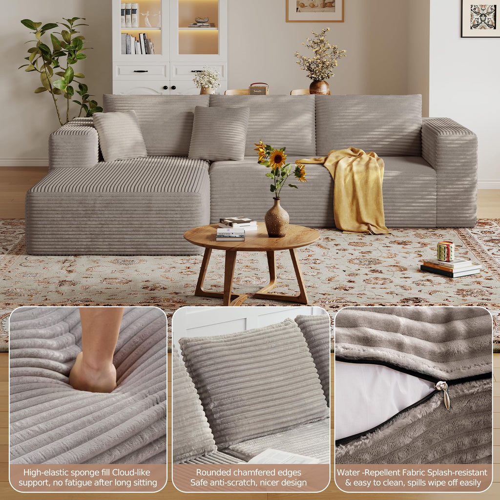 108'' Sectional Boneless Couches for Living Room,Cloud Sectional Couch with L-Shape Chaise,Modern Corduroy Modular Sofa with Deep Seat,No Assembly Required(Left Facing Chaise,Camel)