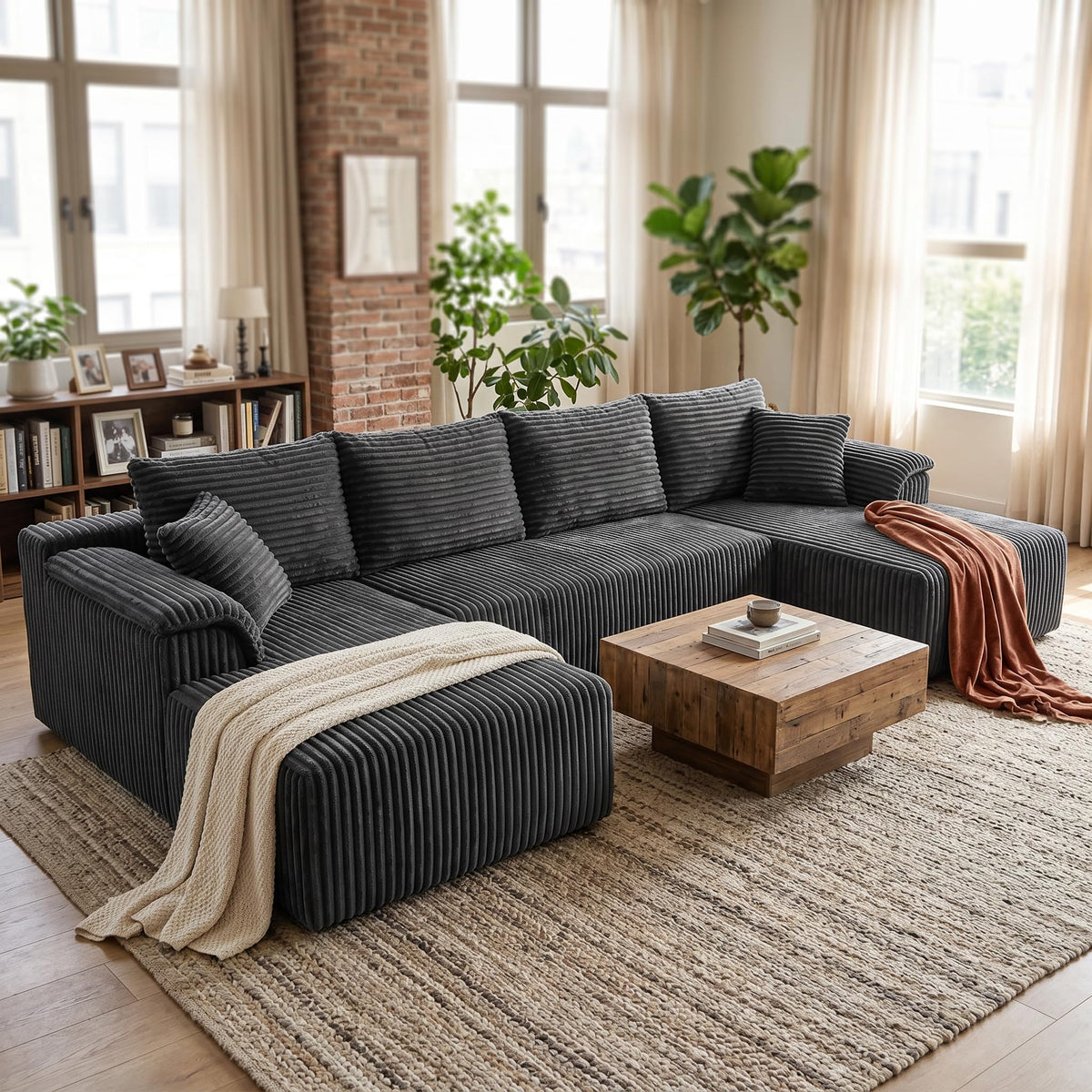 130" Boneless Couch, U Shaped Corduroy Cloud Modular Sectional Sofa Black