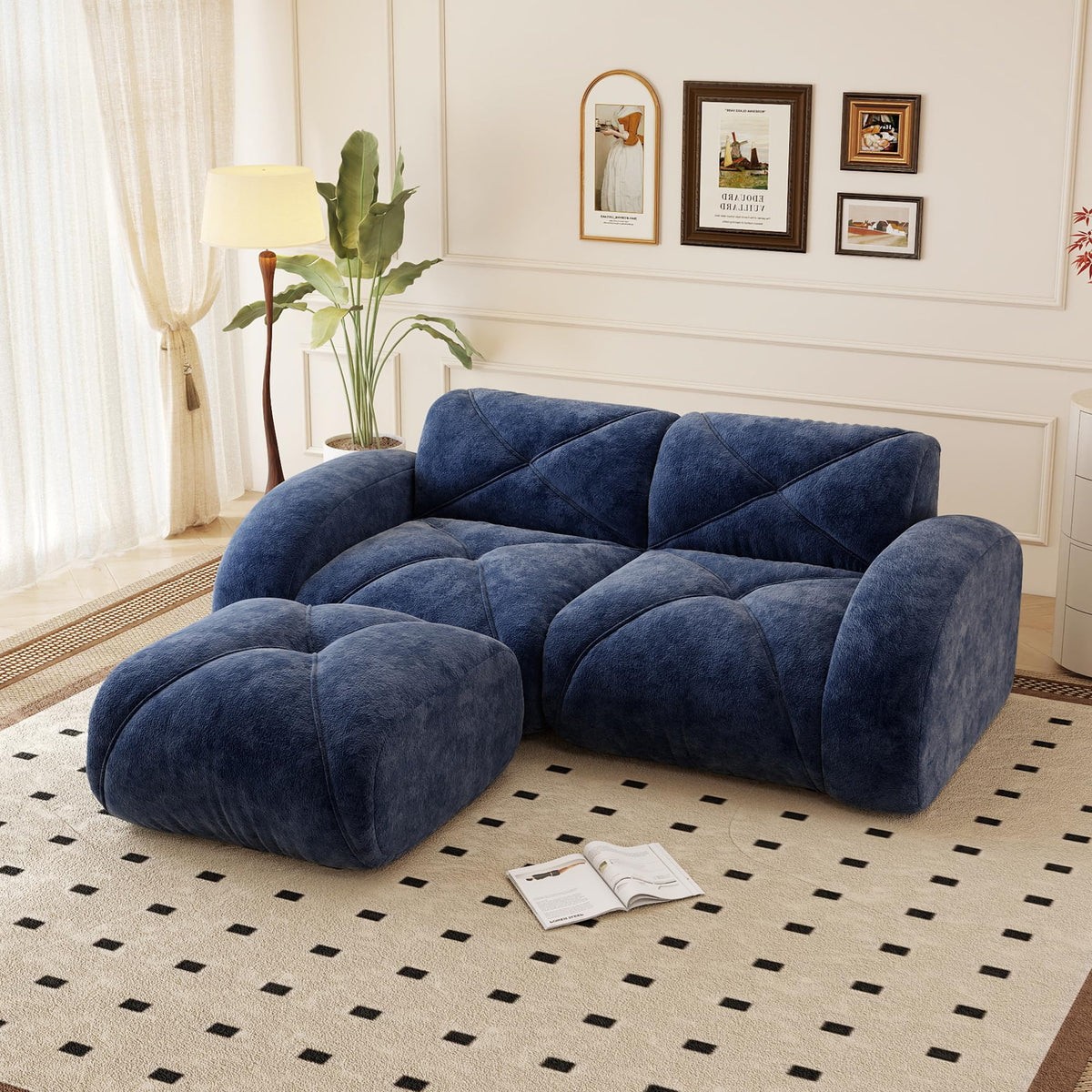 110.6" U Shaped Boneless Couch with Ottoman, Convertible Modular Sectional Cloud Sofa, Deep Seat 5 Seater Velvet Couch, 32D High Density Foam Sofas for Living Room, No Assembly Required, Camel