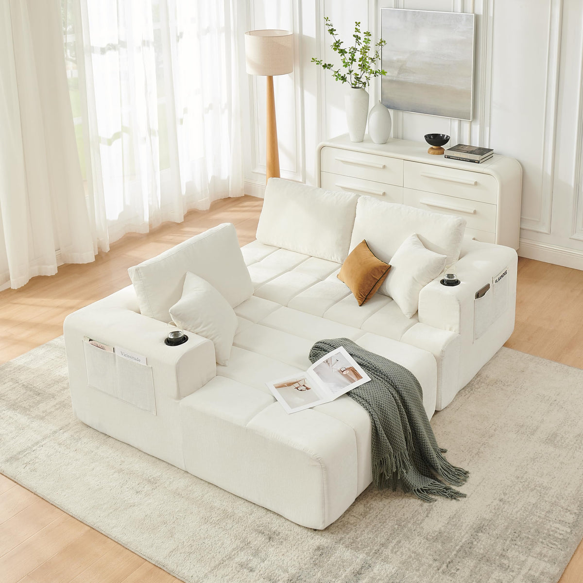 108" Oversized Cloud Boneless Sofa Couch with Chaise, Modern Tufted Chenille L Shaped Modular Sectional Sofa with Deep Seat, Comfy Corner Couch with Cupholders and Storage, No Assembly Required