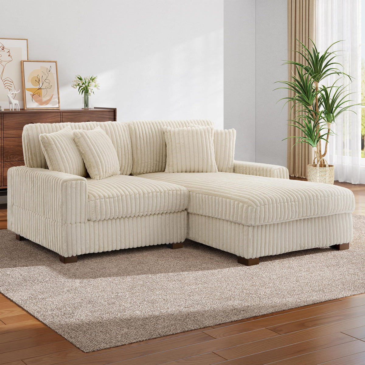 118.3" L-Shaped Modular Sectional Sofa with Chaise, Comfy Corduroy Fluffy Couch with Deep Seat, Flexible Module Combination for Living Room, Cotton Flannel Light Brown