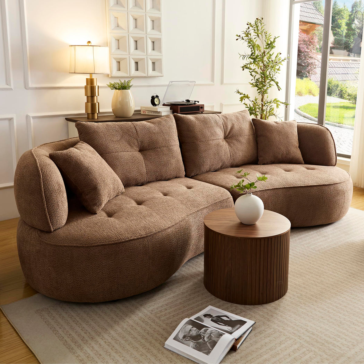 110.24'' Modern Moon Curve Couch with 4 Removable Throw Pillows,Durable Fabric Sectional Sofa with Solid Wood Frame,High Density Sponge, Easy Assembly,Camel