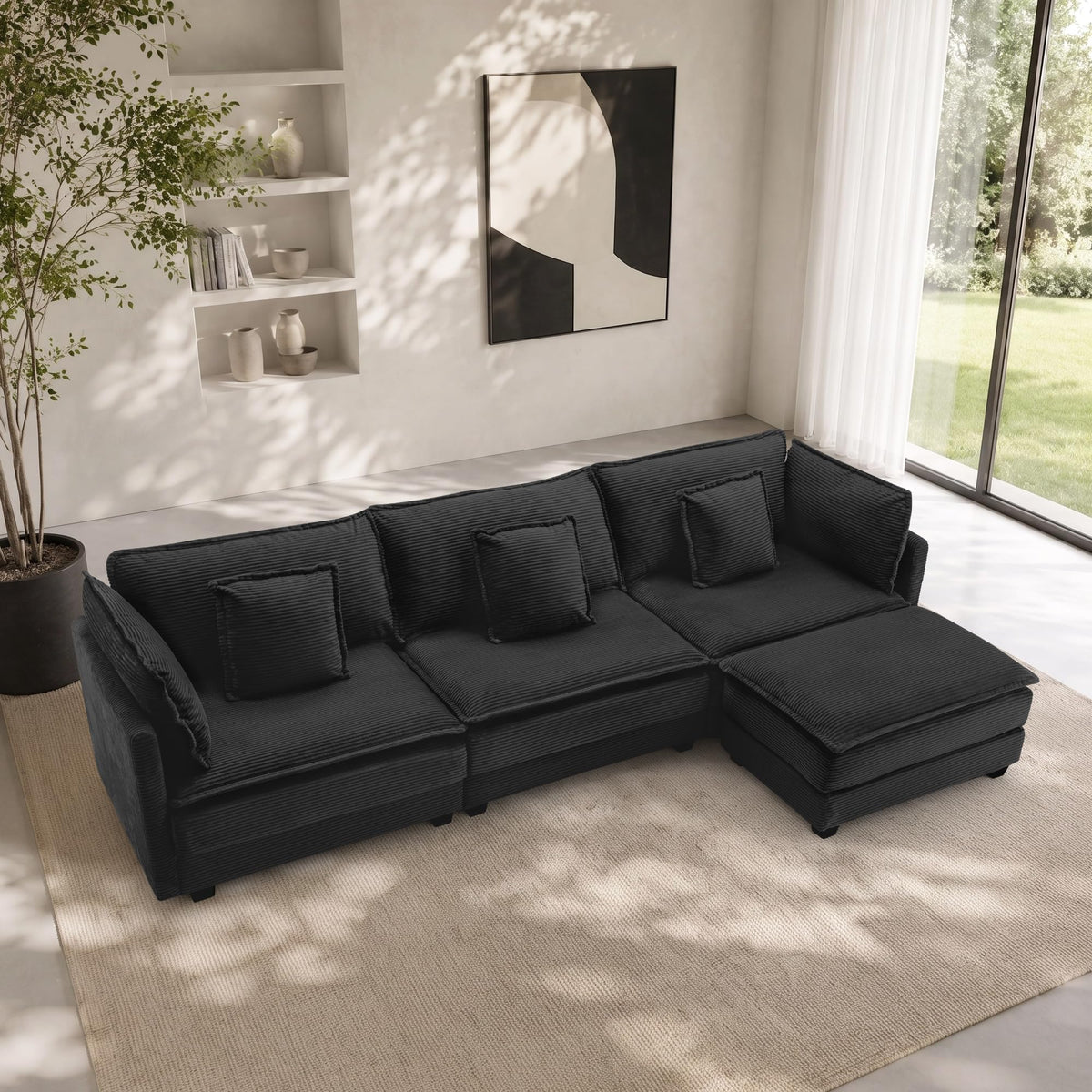 113" Modular Sectional Sofa with Movable Ottoman, 4-Seat L Shaped Corduroy Cloud Couch with Deep Seats and Pillows, Modern Sectional Sofa Set for Living Room, Apartment,Beige