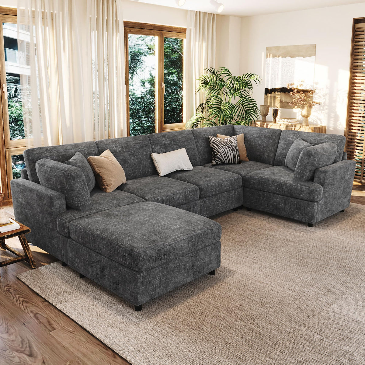 119*67" U Shaped Sectional Sofa,6 Seat Chenille Corner Couch Set with Oversized Chaise Lounge,Irregular Corner, Deep and Wide Seat Comfy Sofa with Cup Holders for Living Room,Apartment (Beige-V33)
