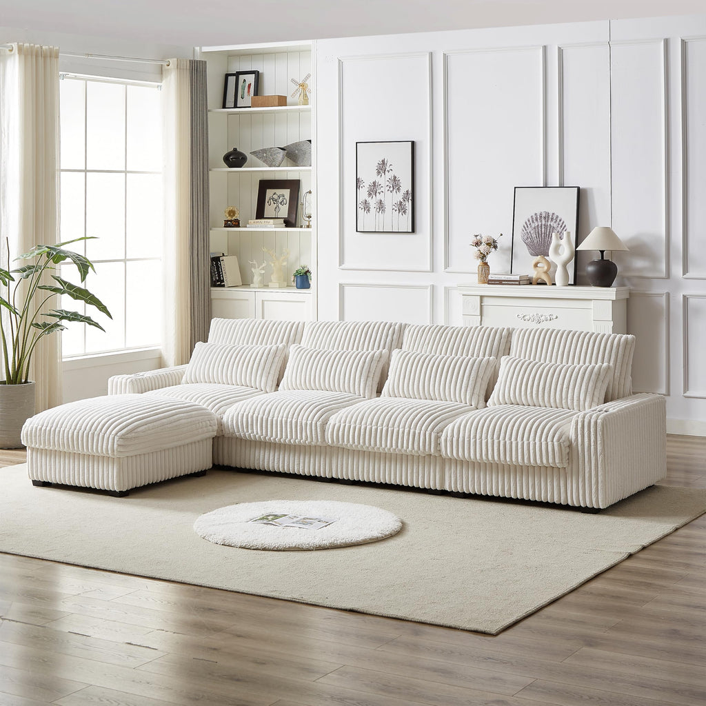 126 inch Corduroy with Cup Holder Super Large L Shaped Sofa, Movable Footrest, Four Waist Pillows and Four Back Cushion, with USB Port and Type C Port