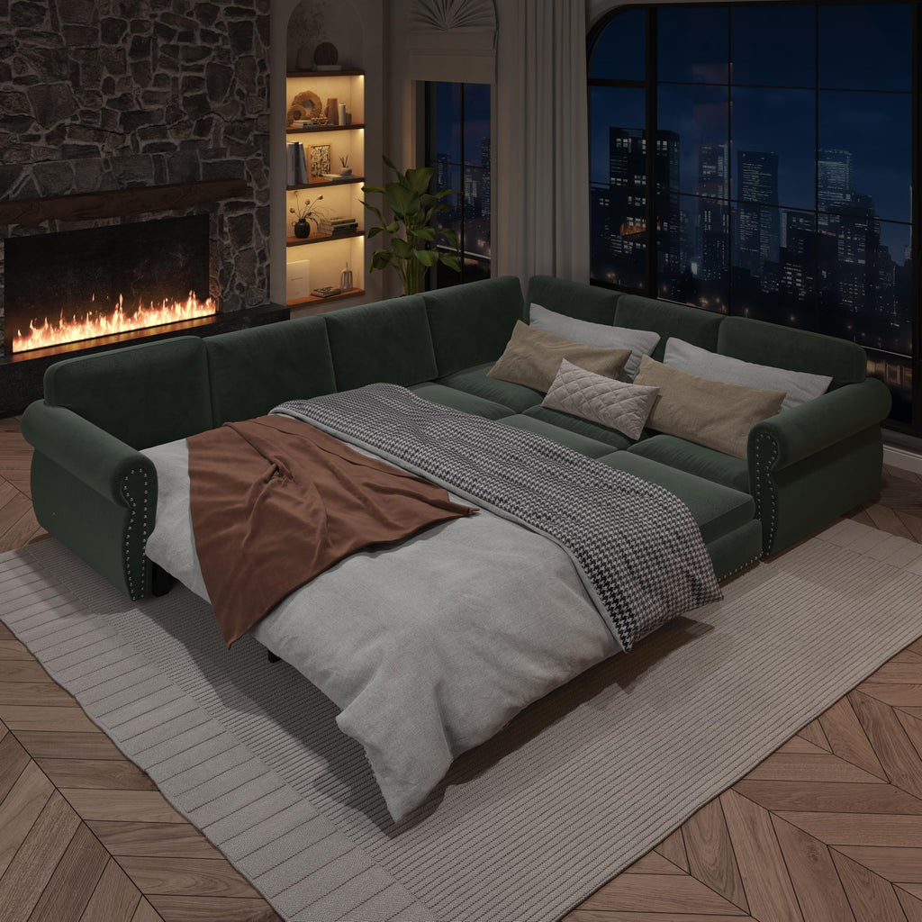 118" Sleeper Sofa Bed, Sectional Couches for Living Room/Apartment, Chenille L Shaped Couch with Pull Out Couch Bed, Convertible Sectional Sofa with Rolled Arm & Nailhead Trim, Green
