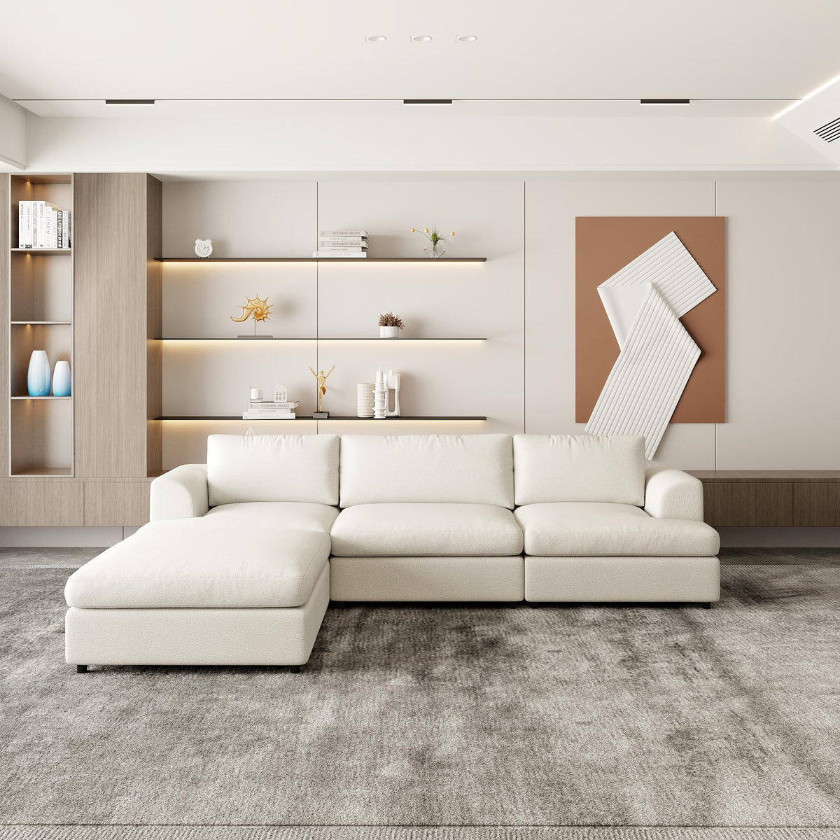 WJShome Modular Sectional Couches, V-Shaped Cloud Couch with Ottoman, High Density Sponge Cushion Sleeper Sofa Bed, Wooden Frame, Sherpa Fabric Sofa Furniture for Living Room, Apartment, White