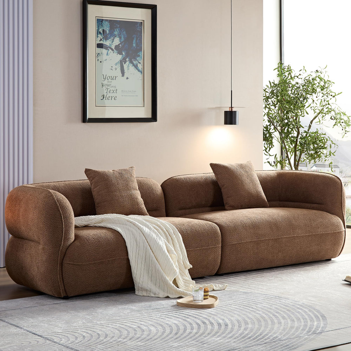 110" Modern Sofa Couch 3-Seater Deep Seat for Living Room, Camel
