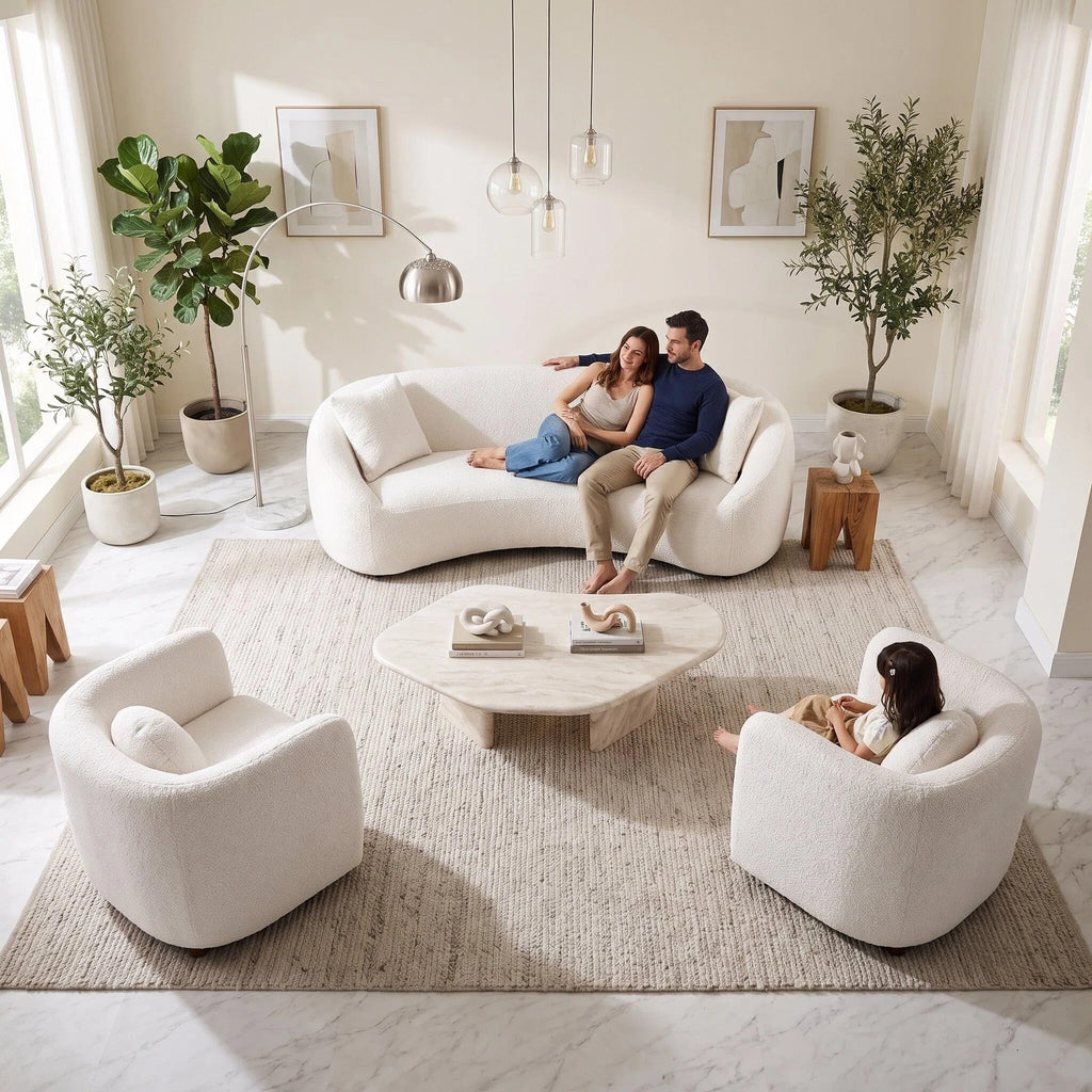White Curved Sofa Set of 3, Solid Wood Frame, 5 Seater, Pillows, Modern