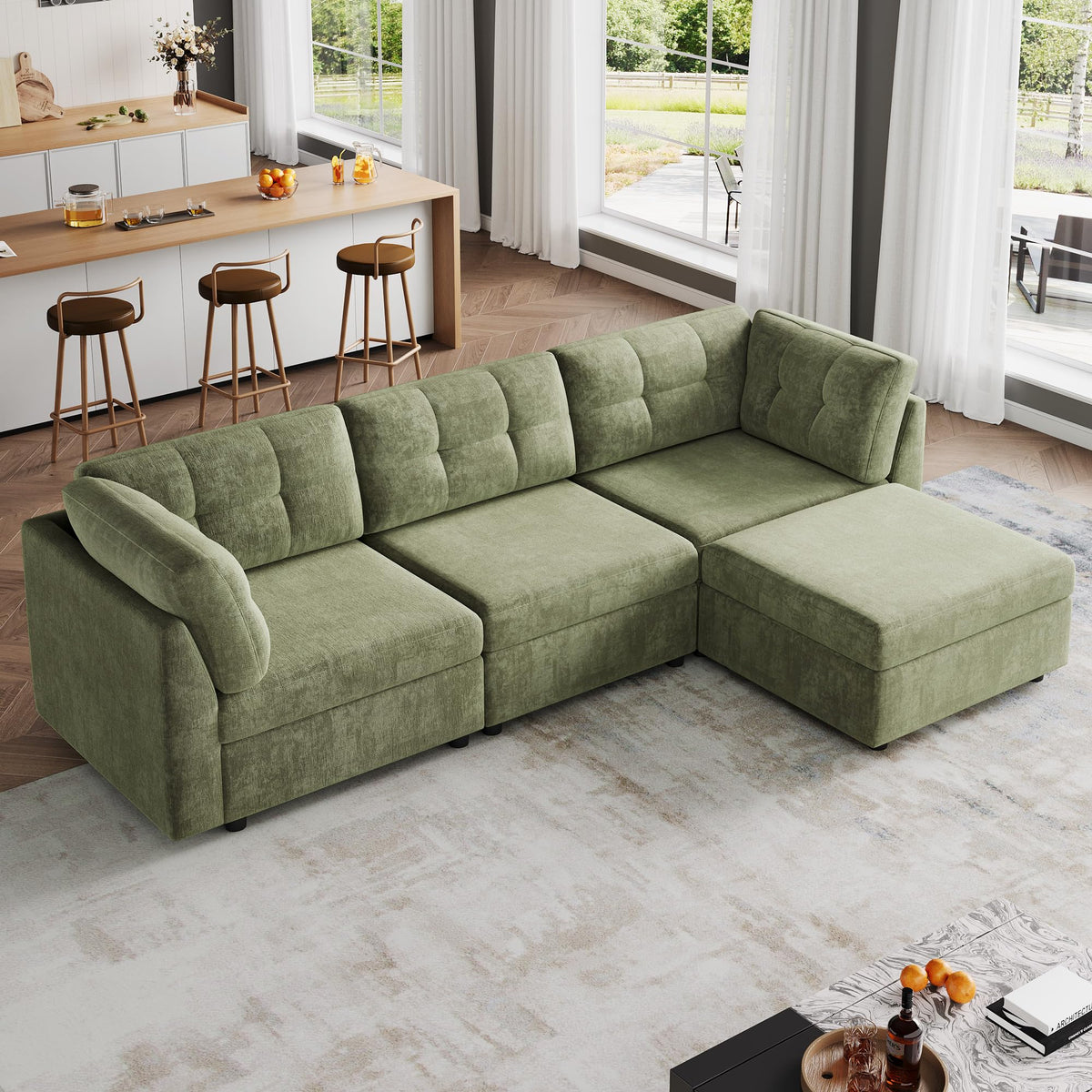 VANOMi Sectional U-Shaped Sofa for Living Room, Modualr Sofa Couch, Green