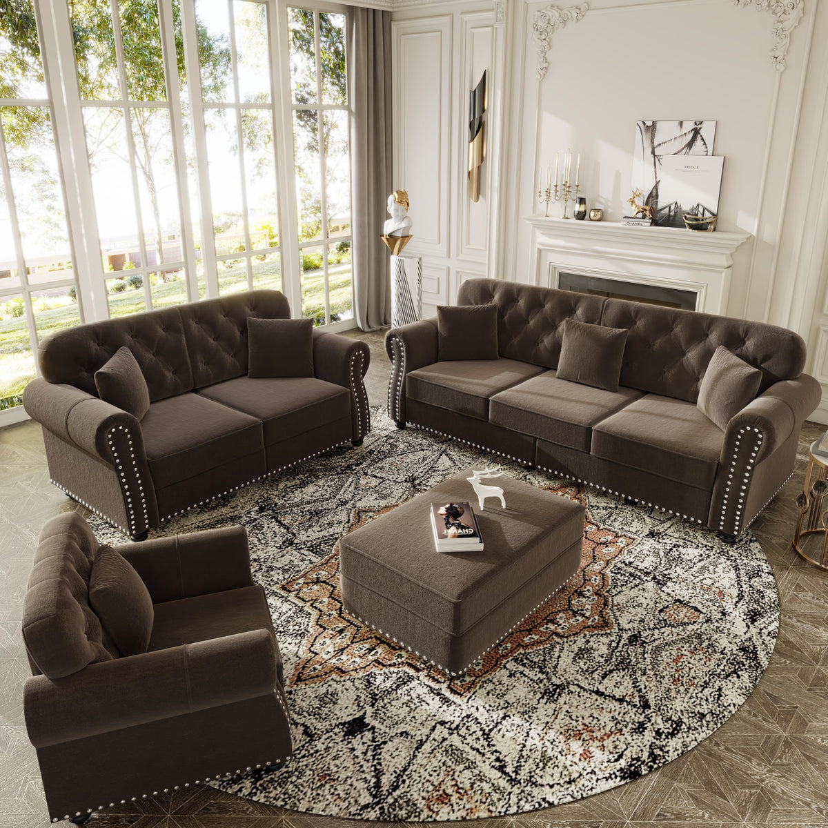 Velvet Chesterfield Sofa with Rolled Arms & Nailhead Trim, Modular Sectional Sofa Couches, Modern Cloud Sofa with Button Tufted, for Living Room, Bedroom, Small Space